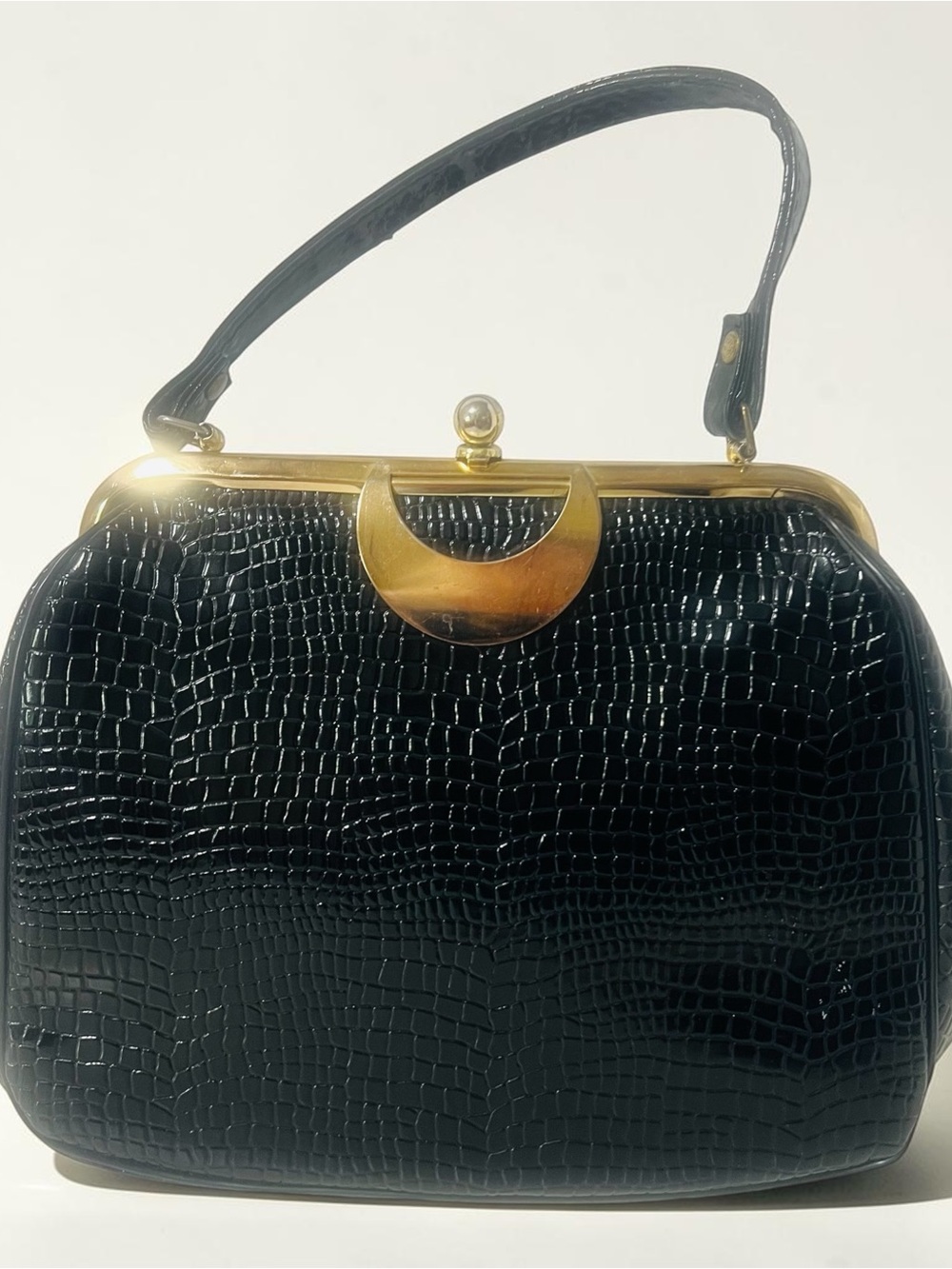 Vintage Black Faux-Alligator Embossed Top-Handle Bag with Gold Accent